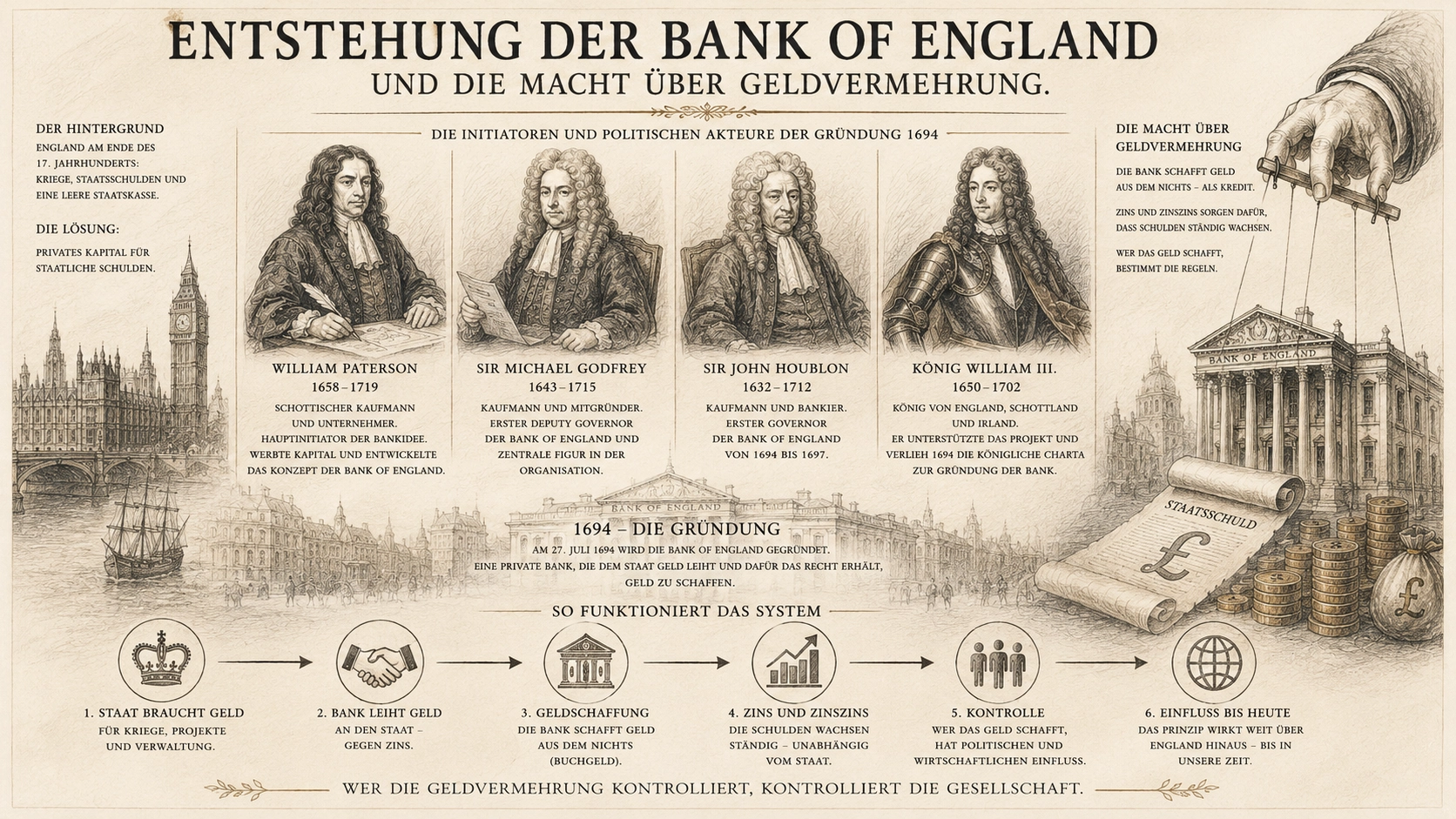 entstehung der bank of england 1694 mit william paterson michael godfrey john houblon und william iii