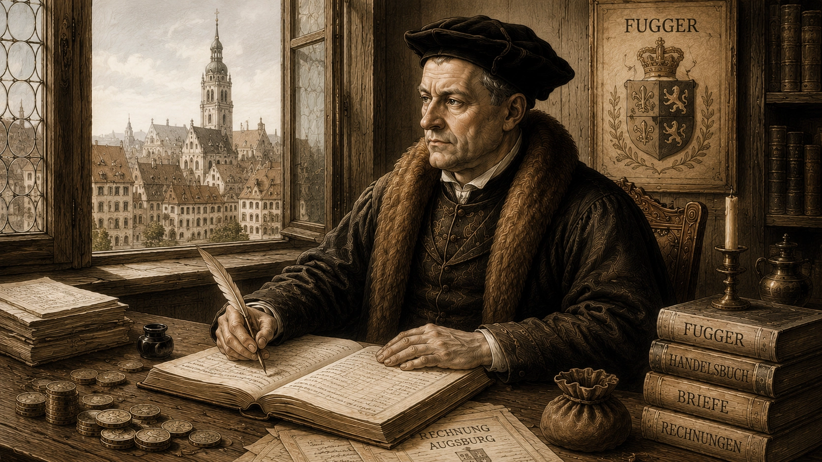 jakob fugger beim schreiben in seinem arbeitszimmer mit handelsbuechern rechnungen und muenzen