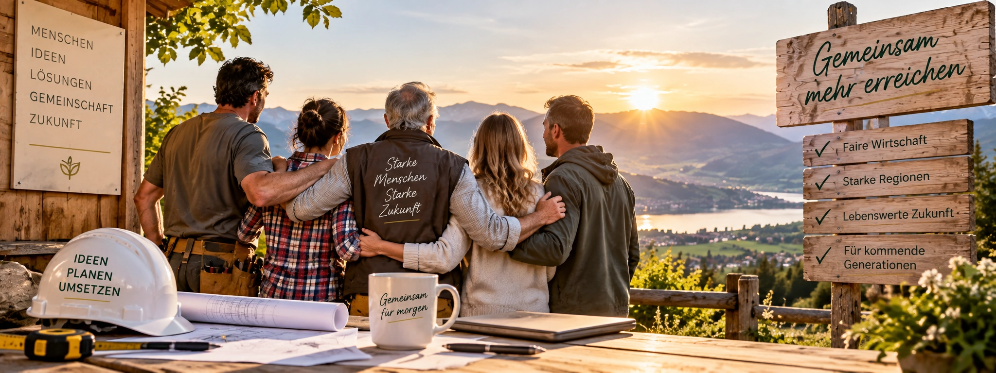 menschen stehen gemeinsam mit blick auf bergsee und gestalten eine starke zukunft