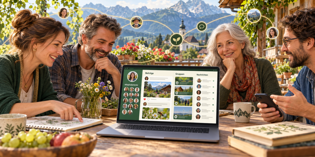 Illustration der geplanten Wohn(T)Raum-Mitgliederplattform: Menschen im Austausch und ein Laptop mit Profilen, Beiträgen, Gruppen und Nachrichten.