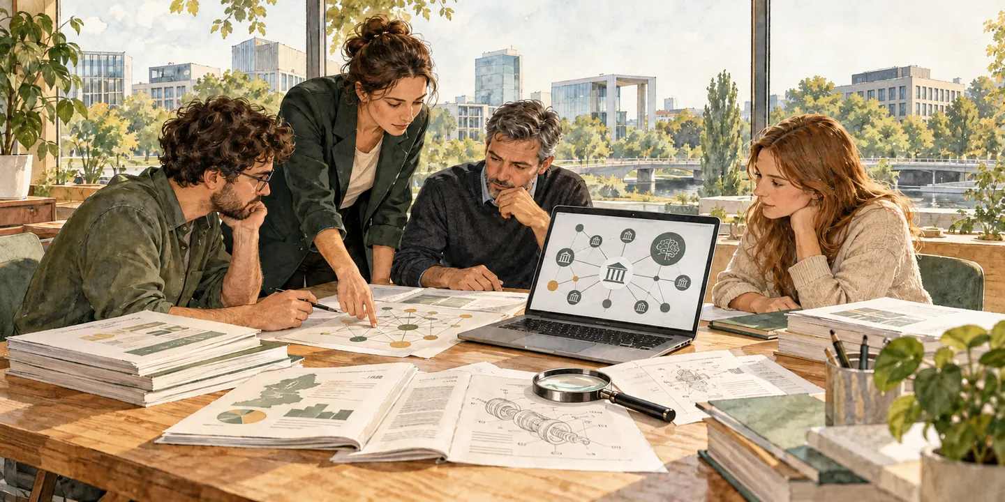 Illustration: Menschen untersuchen Unternehmensberichte, Patente und Finanzverbindungen