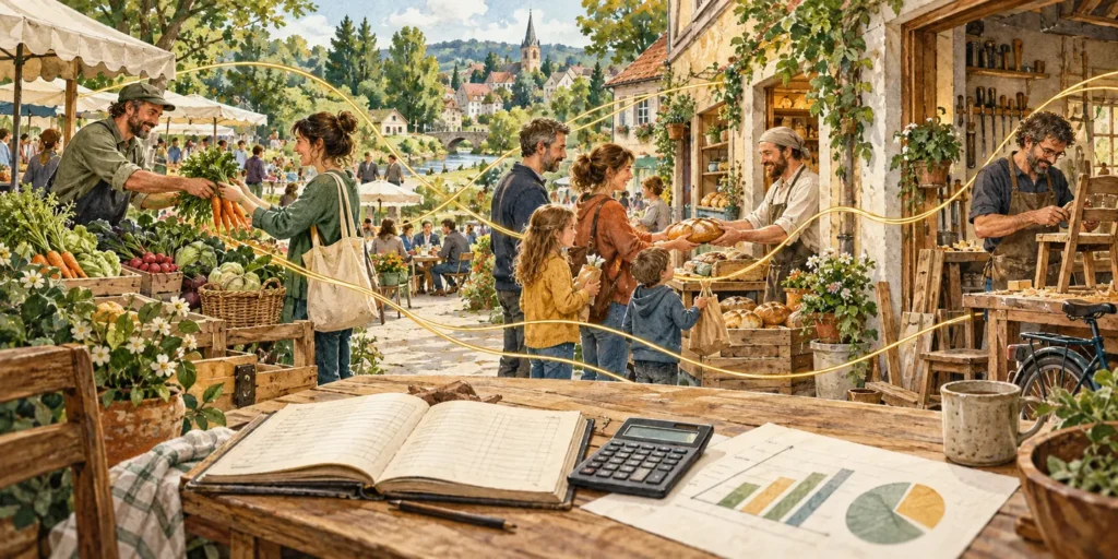 Illustration: Menschen handeln auf einem Marktplatz; Geld- und Warenkreisläufe verbinden Landwirtschaft, Handwerk und Familien