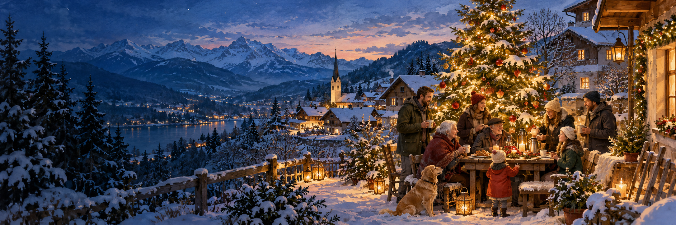 Weihnachtliche Illustration: Menschen verschiedener Generationen teilen an einem beleuchteten Tisch Gemeinschaft vor einem verschneiten österreichischen Dorf.
